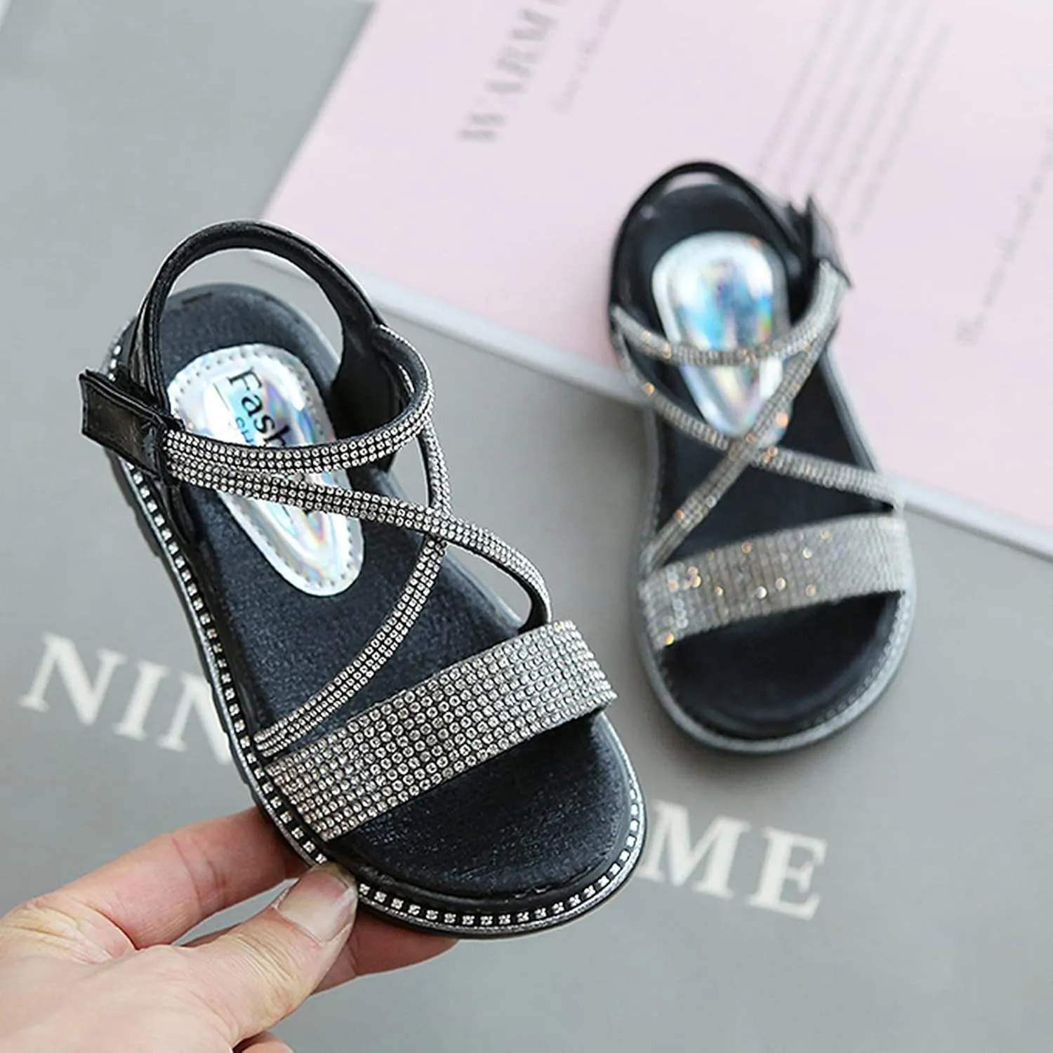 Baby Kids Pearl Sequins Sandals Open Toe Wide Summer Shoes Boys Girls Toddler Rubber Slip On Strap Loafers Comfy Trendy
