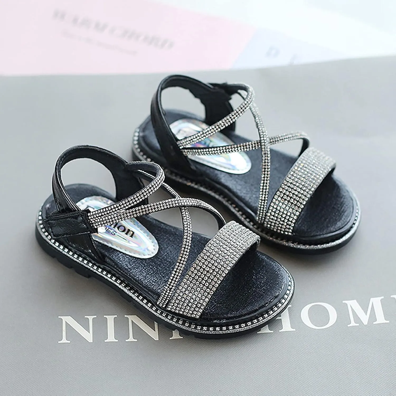 Baby Kids Pearl Sequins Sandals Open Toe Wide Summer Shoes Boys Girls Toddler Rubber Slip On Strap Loafers Comfy Trendy