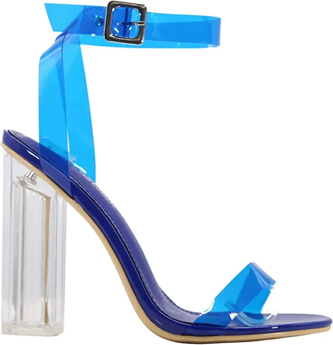 Cape Robbin Maria-2 Blue Clear Block High Heel Transparent Open Toe Pumps