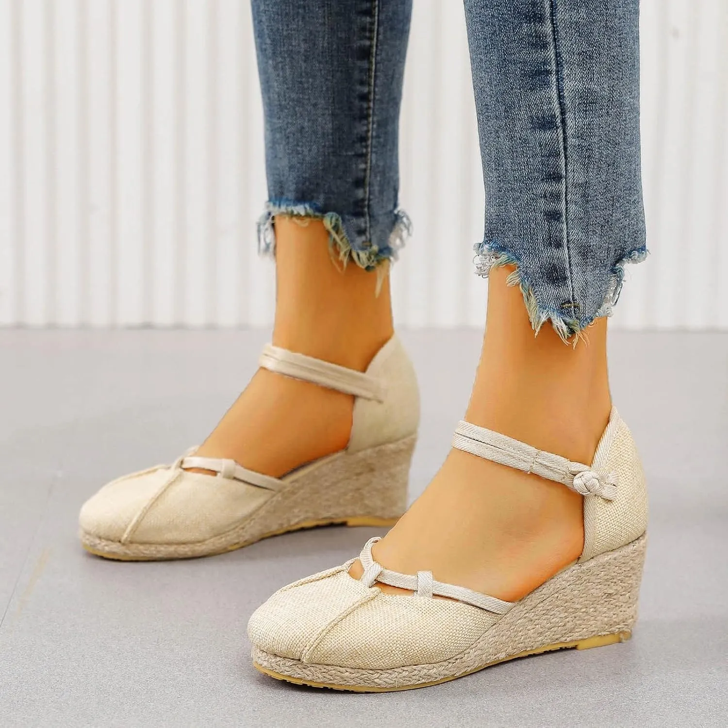 Closed Toe Sandals Women Wide Width Comfortable Walking Shoes Ankle Strappy Mid Heel Wedge Sandals Casual Espadrilles Breathable Beach Shoe Hawaiian Casual Soft Cushion Footwear Non Slip Office Shoes