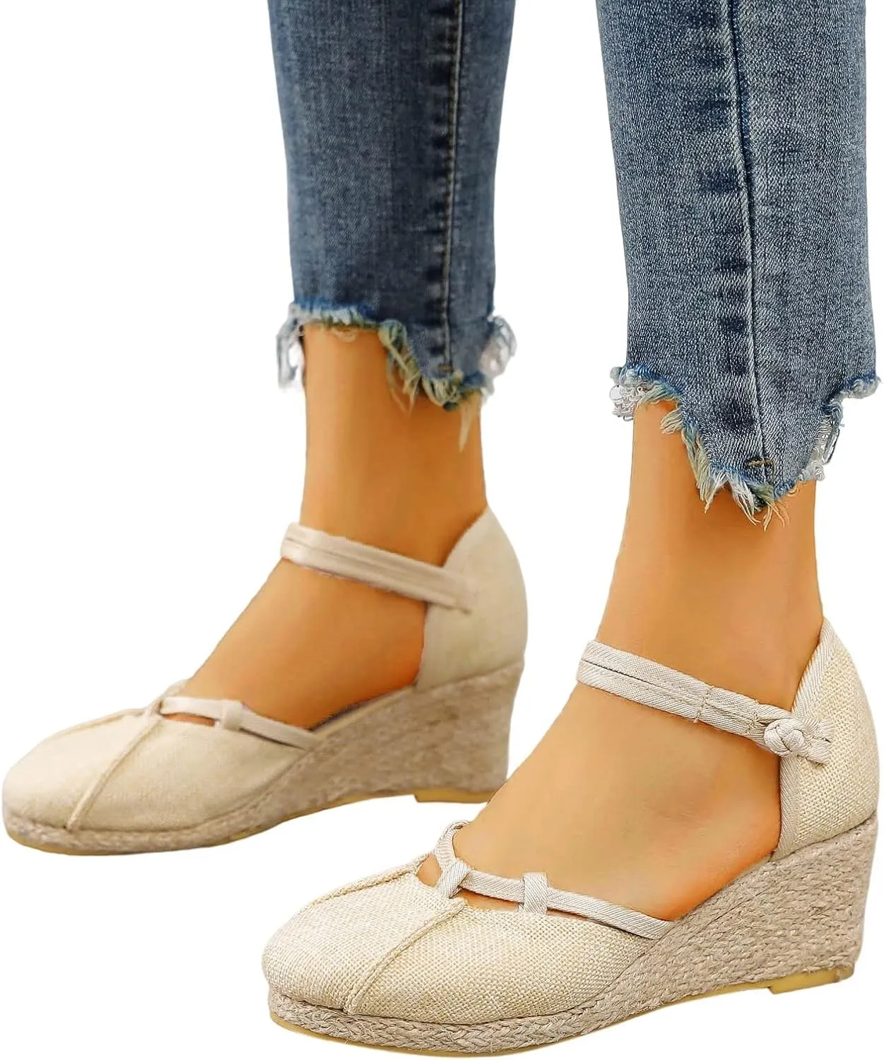 Closed Toe Sandals Women Wide Width Comfortable Walking Shoes Ankle Strappy Mid Heel Wedge Sandals Casual Espadrilles Breathable Beach Shoe Hawaiian Casual Soft Cushion Footwear Non Slip Office Shoes