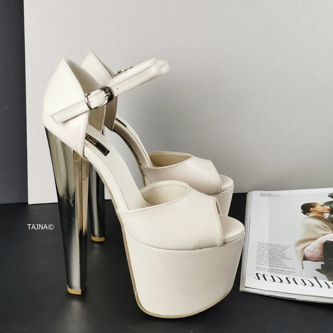 Cream Ankle Strap Chunky Metallic Heels