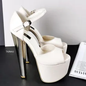 Cream Ankle Strap Chunky Metallic Heels