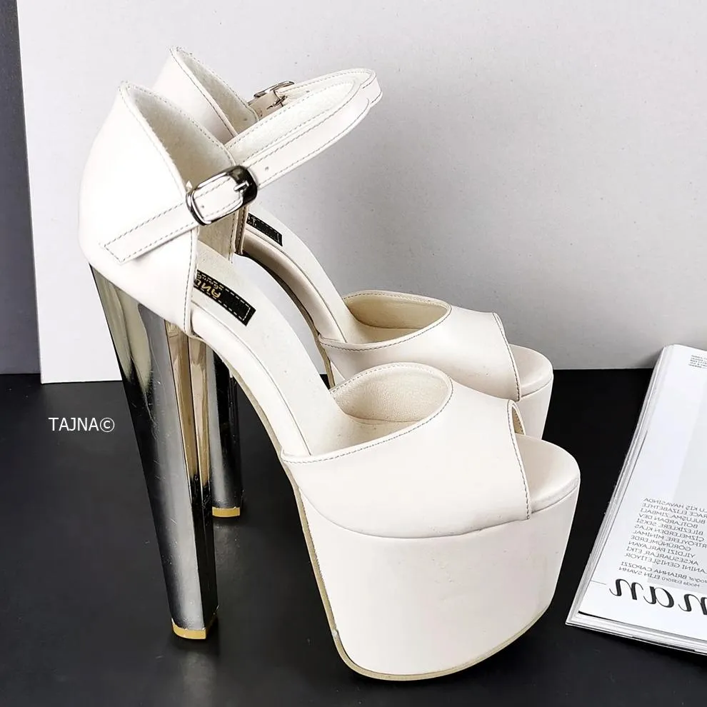 Cream Ankle Strap Chunky Metallic Heels