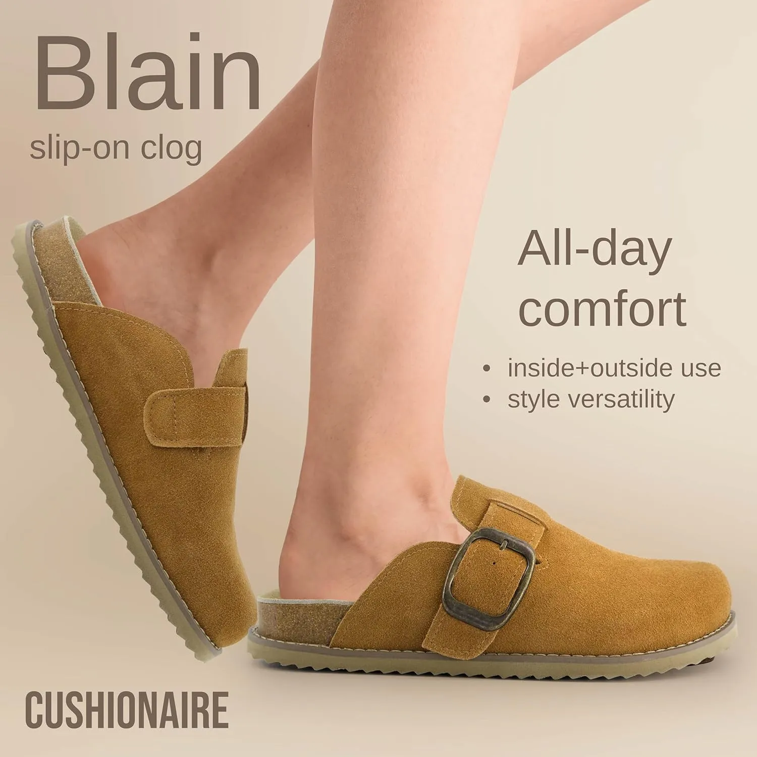 CUSHIONAIRE Women's Blain Genuine Suede Slip-On Clogs with Memory Foam & Chic Buckle Mule - Comfortable, Non-Slip, Wide Widths Available