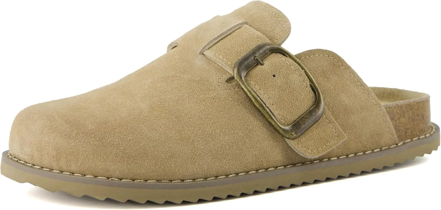 CUSHIONAIRE Women's Blain Genuine Suede Slip-On Clogs with   Memory Foam & Chic Buckle Mule - Comfortable, Non-Slip, Wide Widths Available