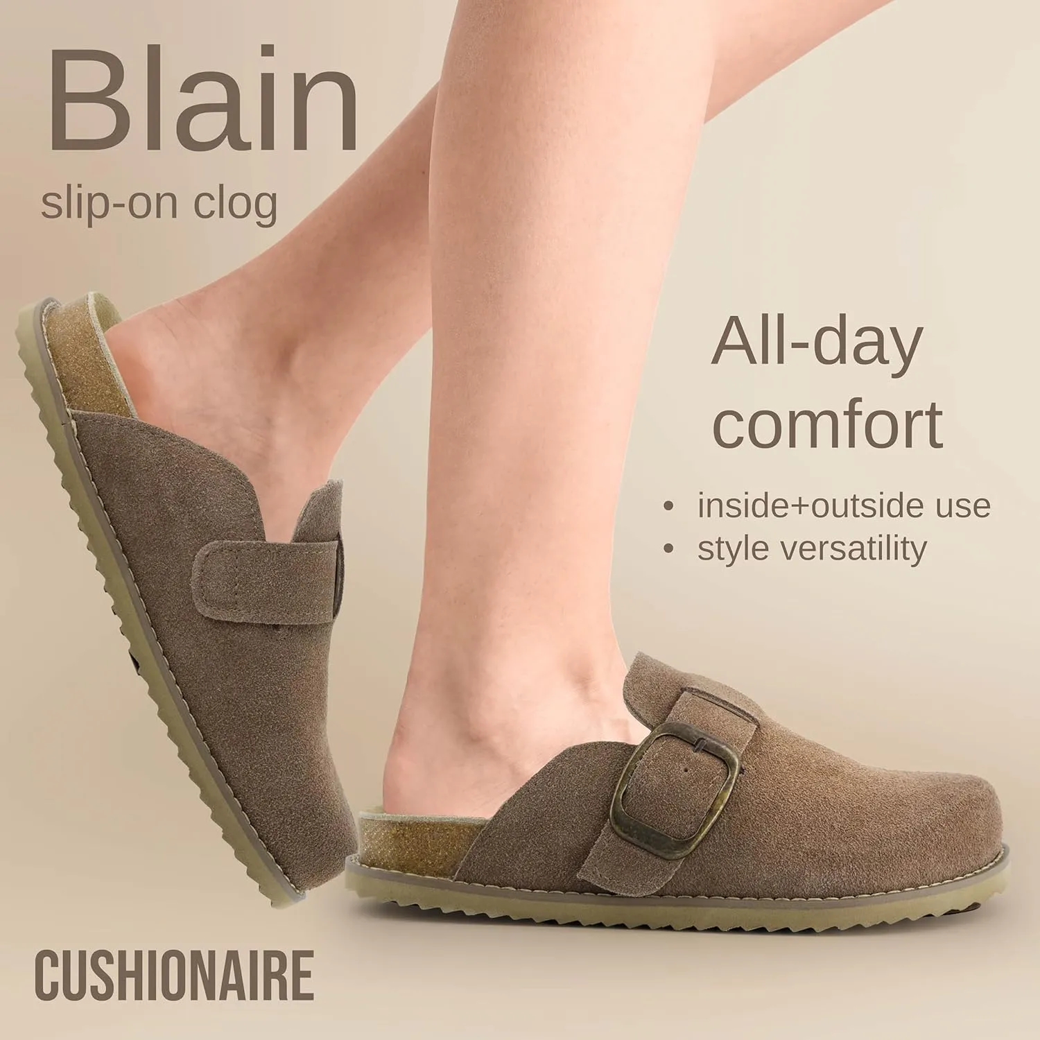 CUSHIONAIRE Women's Blain Genuine Suede Slip-On Clogs with Memory Foam & Chic Buckle Mule - Comfortable, Non-Slip, Wide Widths Available