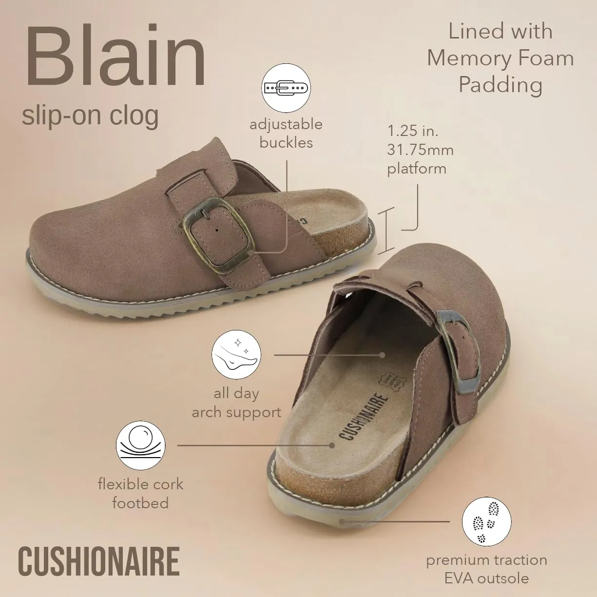 CUSHIONAIRE Women's Blain Genuine Suede Slip-On Clogs with Memory Foam & Chic Buckle Mule - Comfortable, Non-Slip, Wide Widths Available