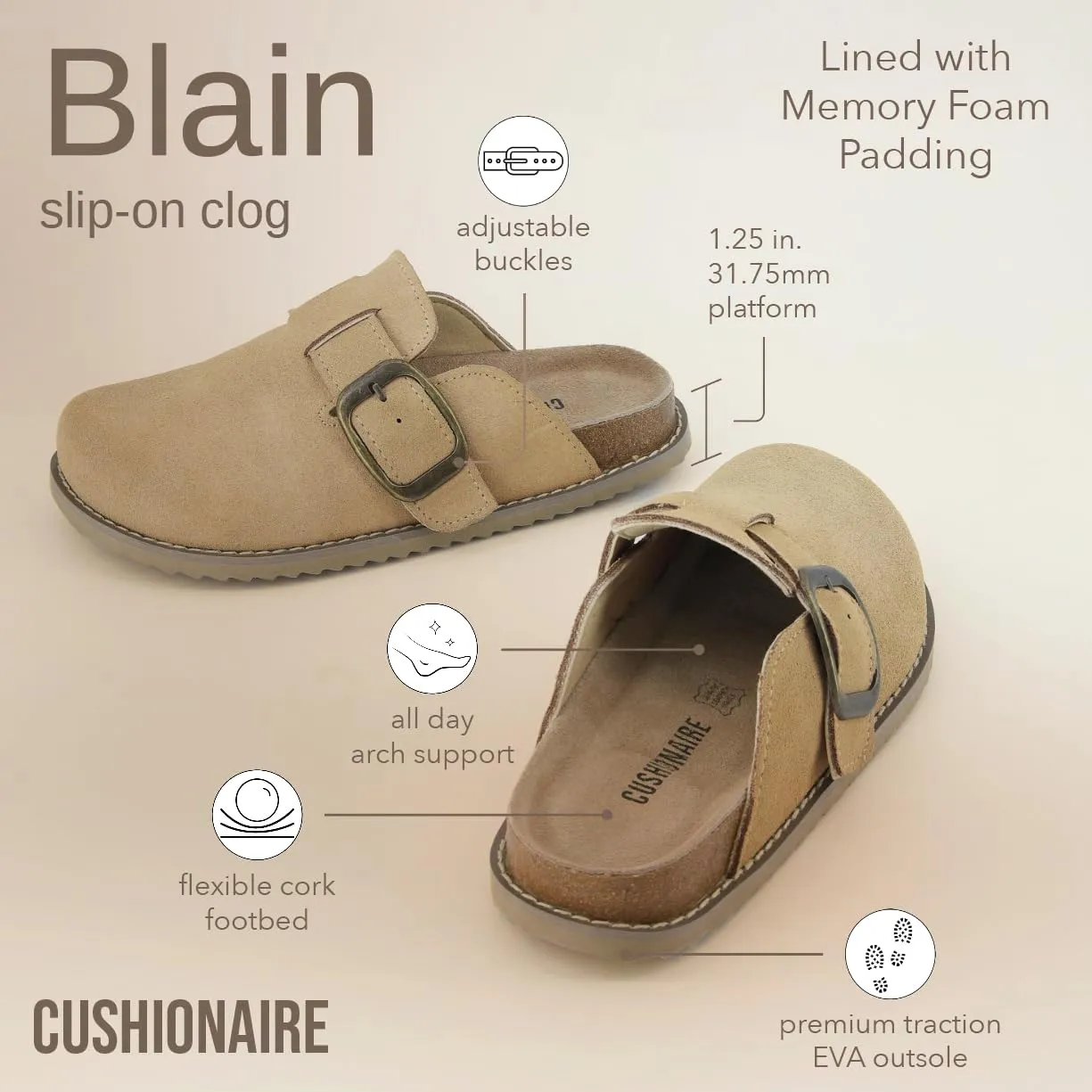 CUSHIONAIRE Women's Blain Genuine Suede Slip-On Clogs with   Memory Foam & Chic Buckle Mule - Comfortable, Non-Slip, Wide Widths Available
