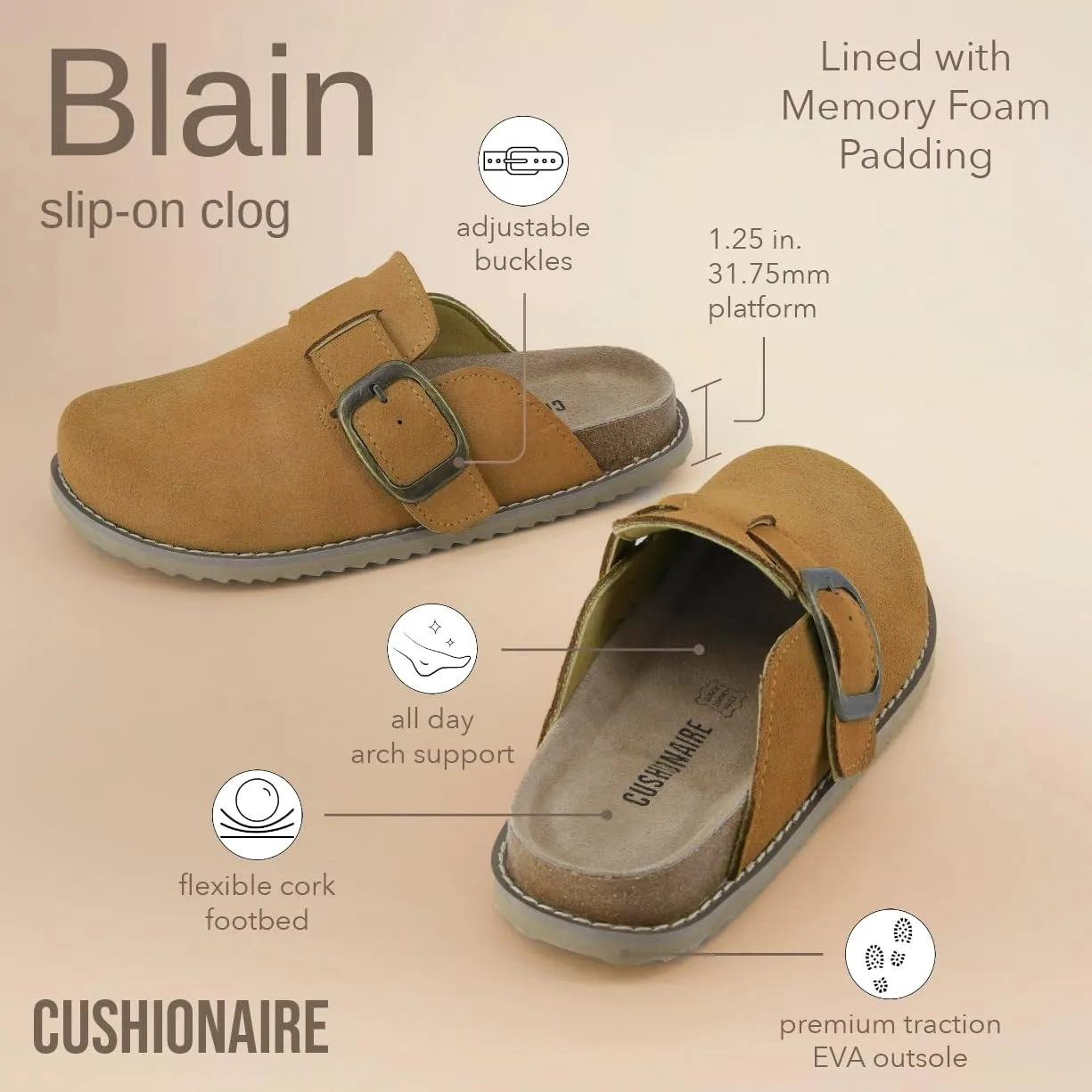 CUSHIONAIRE Women's Blain Genuine Suede Slip-On Clogs with Memory Foam & Chic Buckle Mule - Comfortable, Non-Slip, Wide Widths Available