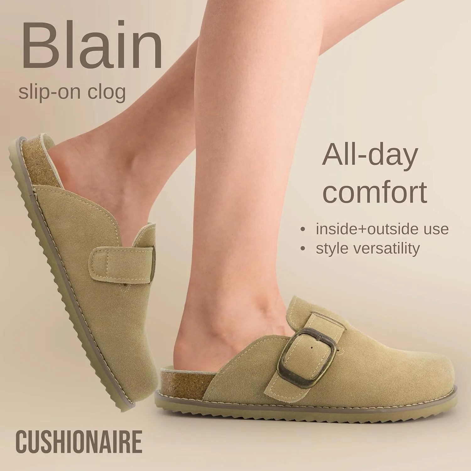 CUSHIONAIRE Women's Blain Genuine Suede Slip-On Clogs with   Memory Foam & Chic Buckle Mule - Comfortable, Non-Slip, Wide Widths Available