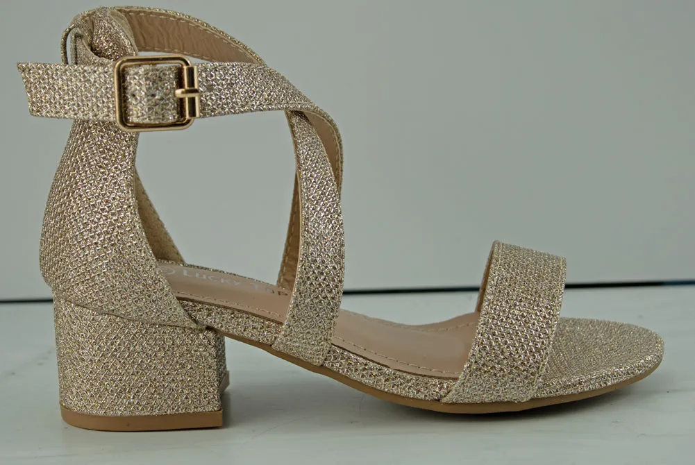 Delia 6K Girls Cross Band Low Block Dress Heel Sandals