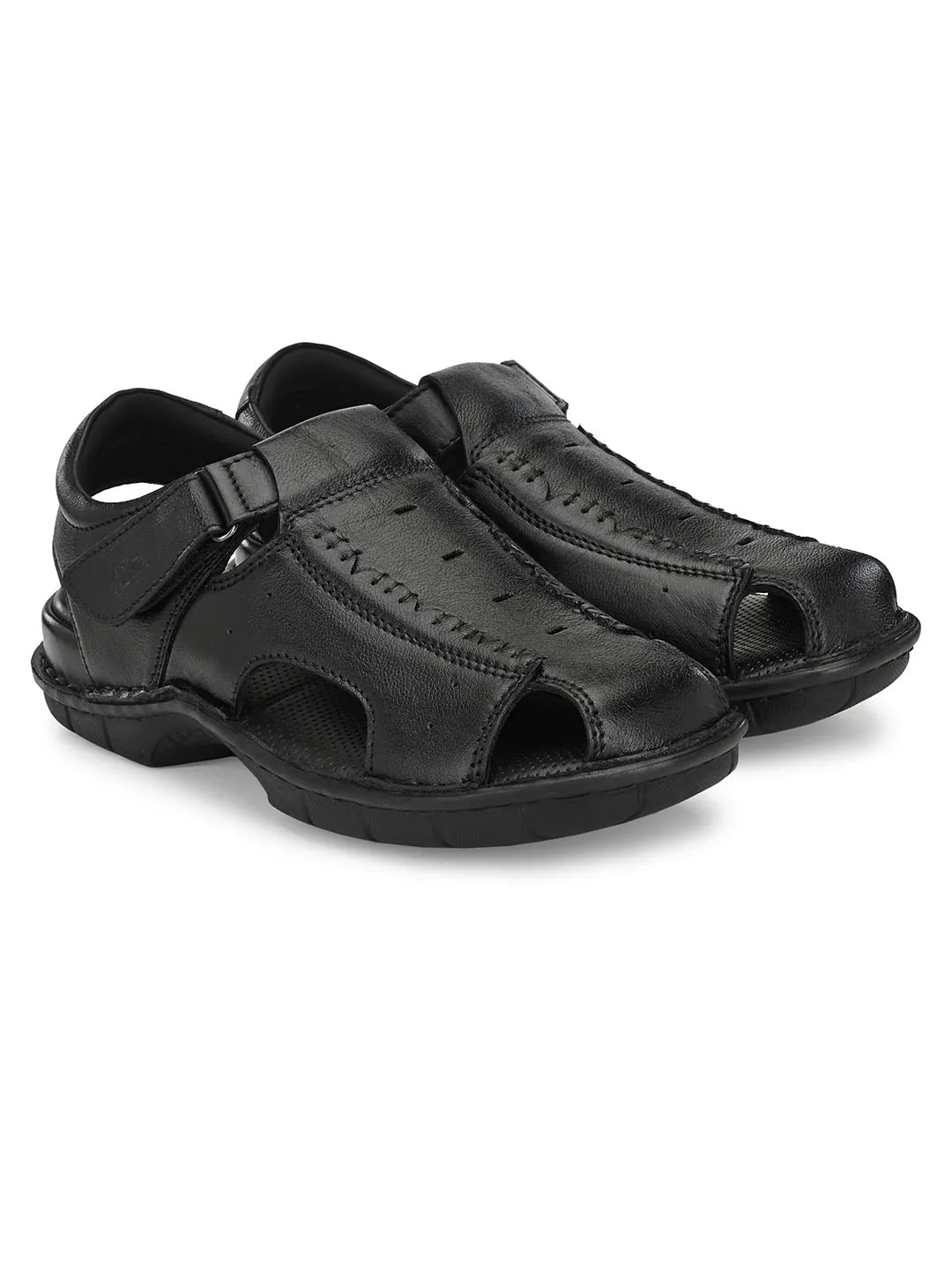 HITZ9602 Men's Black Leather Casual Velcro Sandals