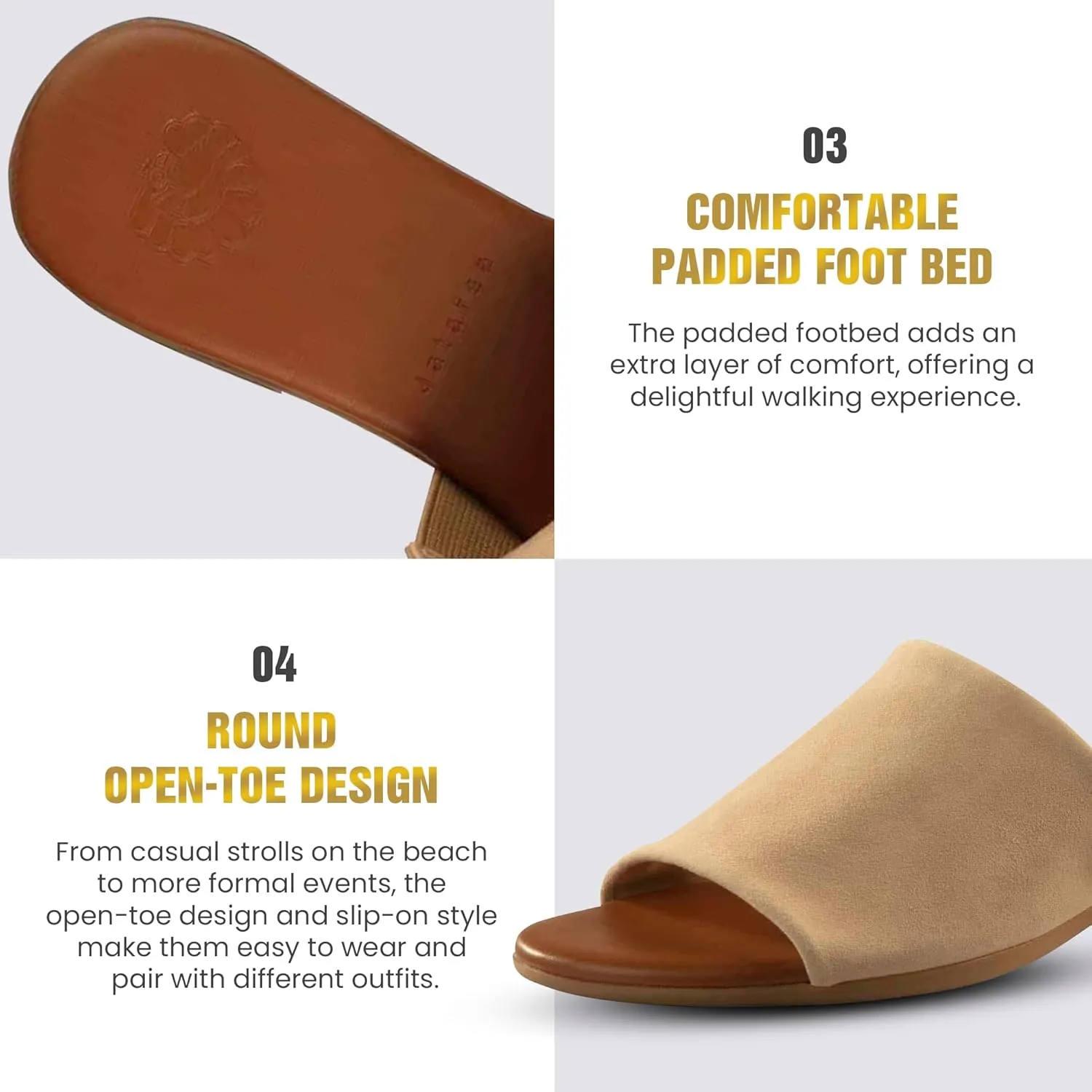 JATAREA Womens Slip-On Leather Flat Sandals with Round Open Toe | Classic and Trendy Slippers - CAVERY