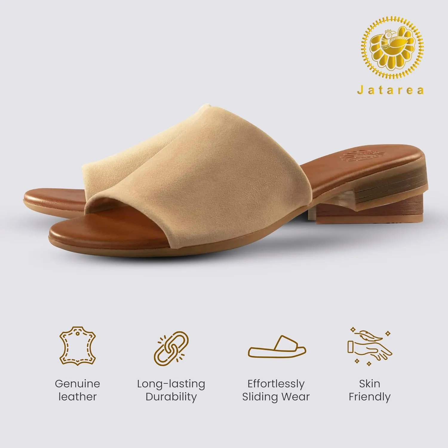 JATAREA Womens Slip-On Leather Flat Sandals with Round Open Toe | Classic and Trendy Slippers - CAVERY
