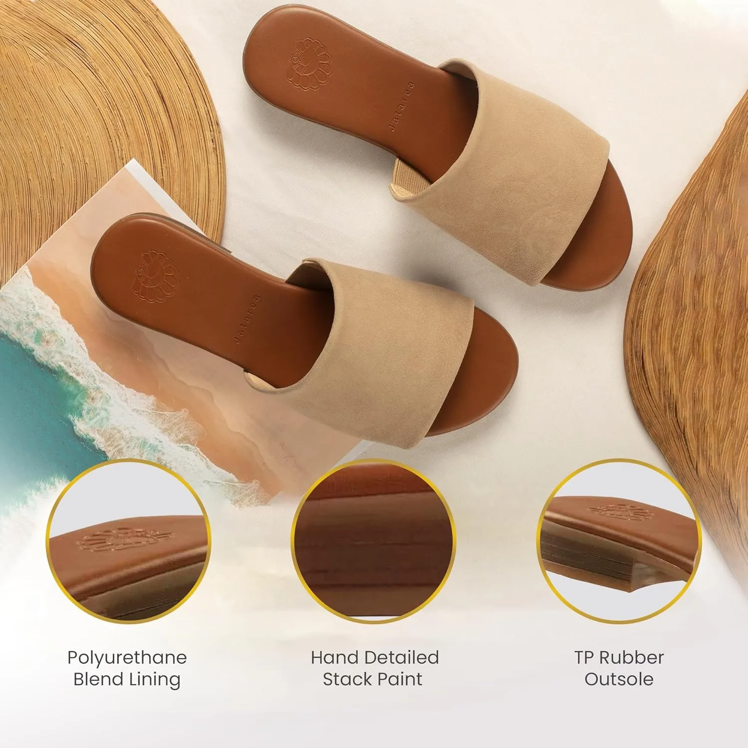 JATAREA Womens Slip-On Leather Flat Sandals with Round Open Toe | Classic and Trendy Slippers - CAVERY