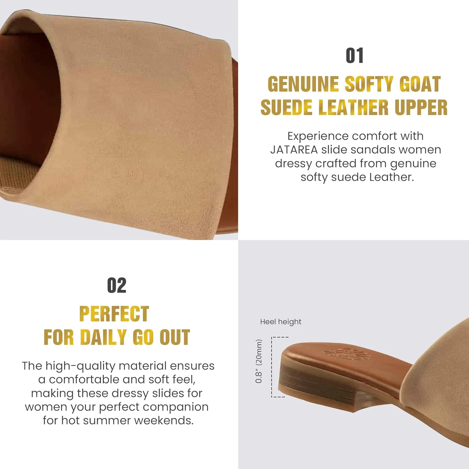 JATAREA Womens Slip-On Leather Flat Sandals with Round Open Toe | Classic and Trendy Slippers - CAVERY