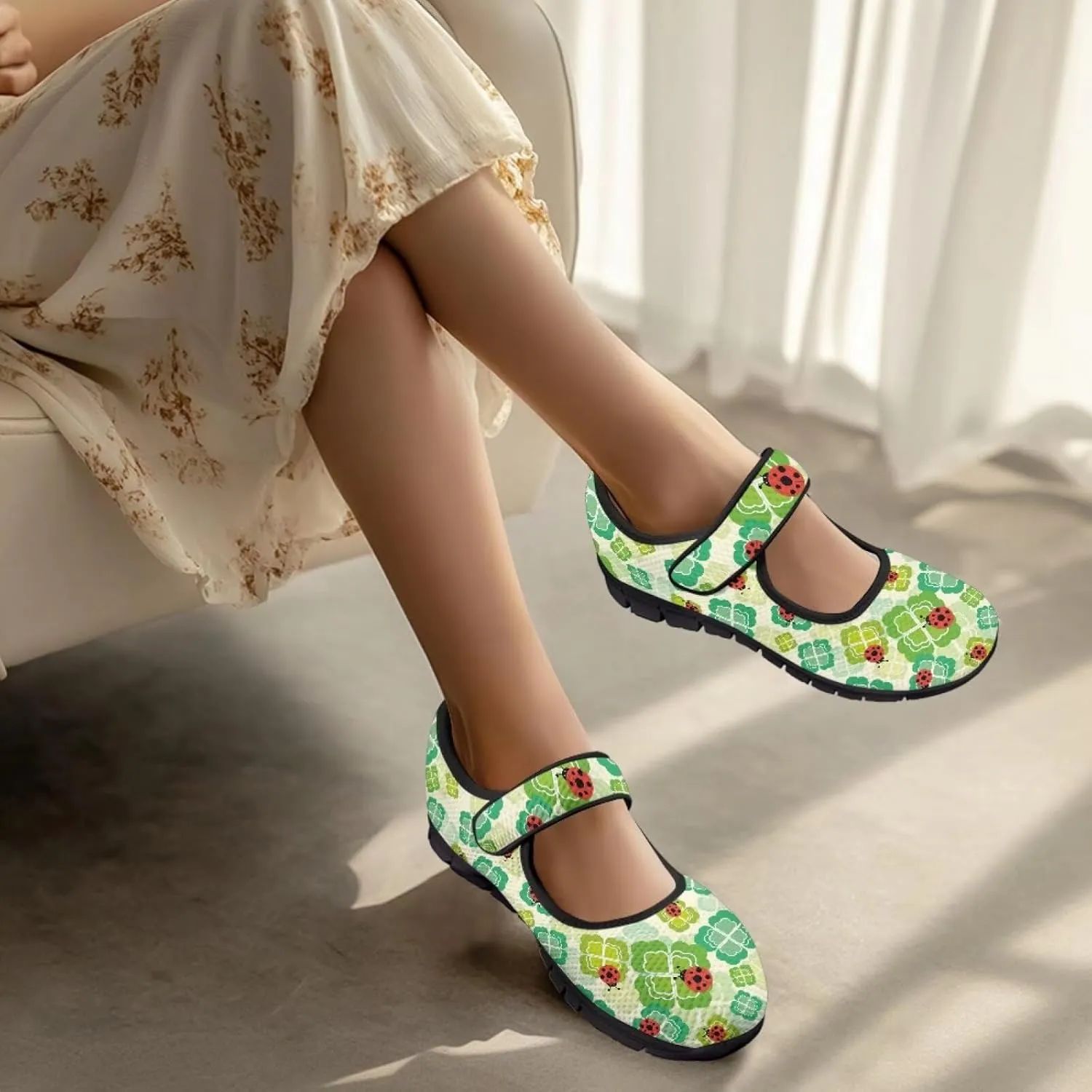 Jeiento St Patrick's Day Mesh Flats for Women Round Toe Ballet Flats Mary Jane Flats