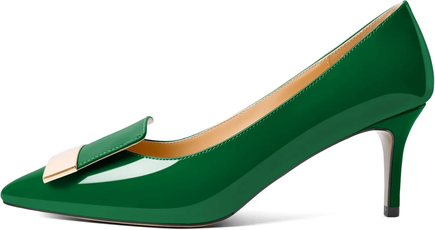 Joseywade Women's Low Heel Pumps Kitten Heels Pumps Buckle Pointed Toe Slip on 2.5 Inch Elegant Patent Dressy Shoes