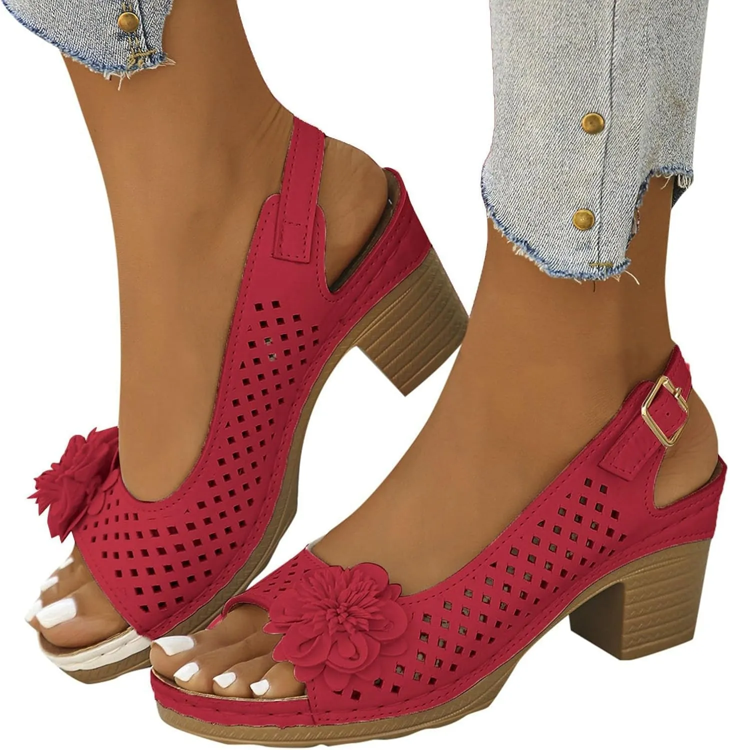 Ladies Orthopedic Sandals Slides Non Slip Beach Sandals Trendy Elegant Flowers Decor Hollow Out Low Heel Sandal with Adjustable Buckle Straps