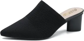 LIURUIJIA Women's Pointed Toe Mules Heels Chunky Heeled Sandals Breathable Mesh Knit Slip On Dress Sandals For Women