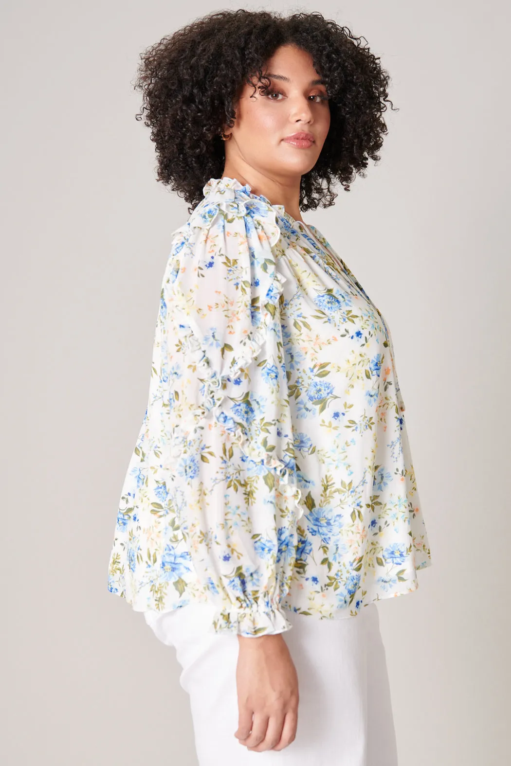 Luz Floral Raj Ruffle Balloon Sleeve Blouse Curve