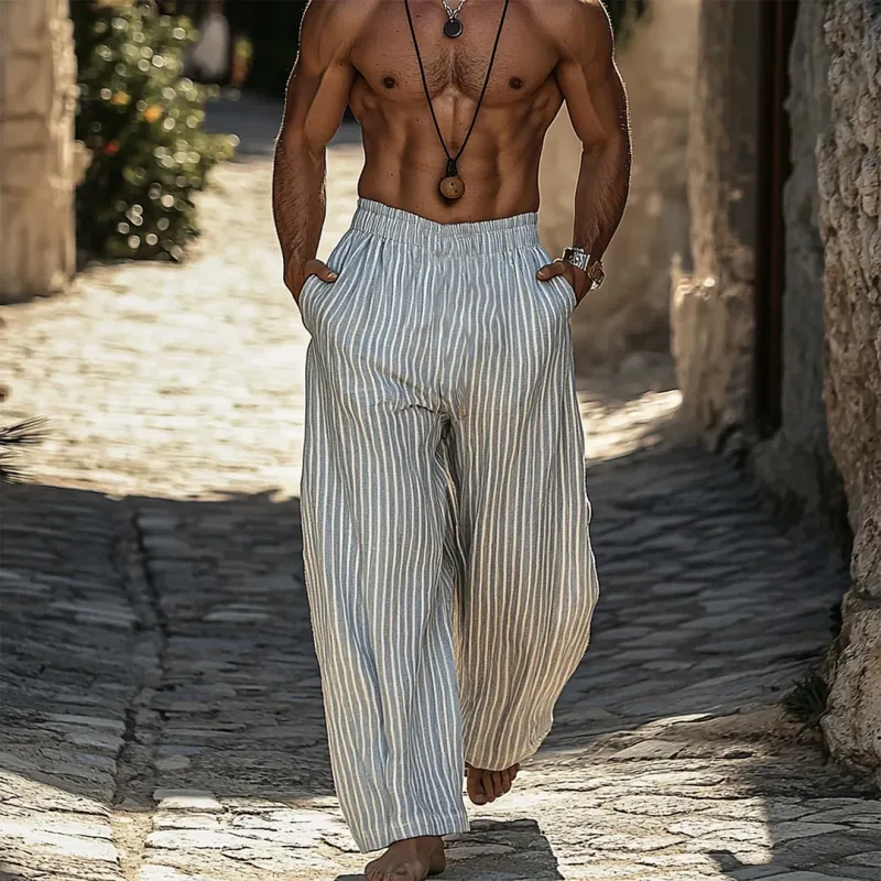Men's Retro Cotton And Linen Stripes Vacation Elastic Waist Wide Leg Pants 36103704Y
