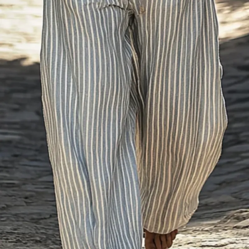 Men's Retro Cotton And Linen Stripes Vacation Elastic Waist Wide Leg Pants 36103704Y