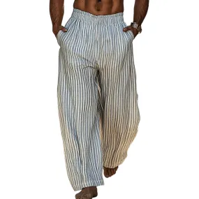 Men's Retro Cotton And Linen Stripes Vacation Elastic Waist Wide Leg Pants 36103704Y