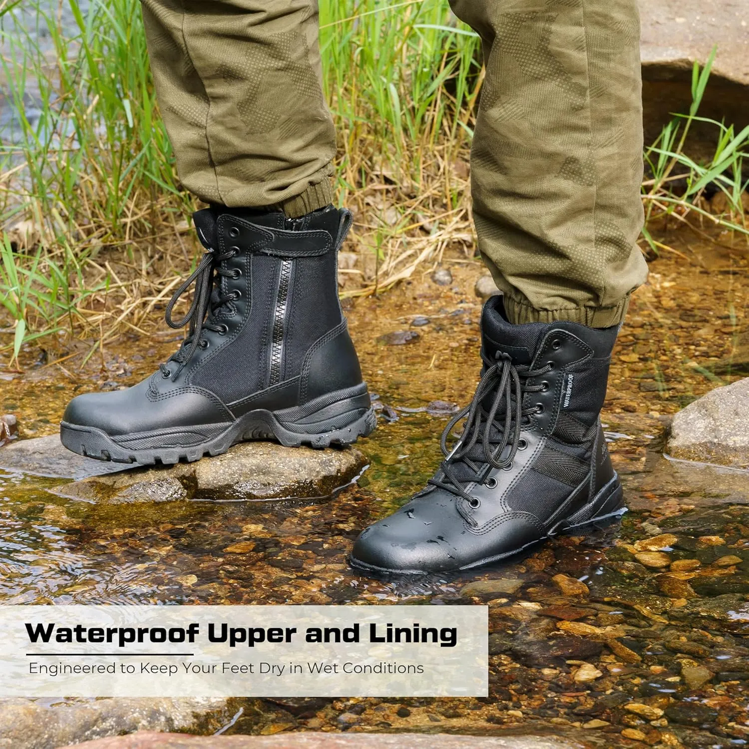 Men's Tactical Work Boots with Side Zipper  Lightweight Leather Military Style, Comfortable, Durable and Breathable for Outdoors