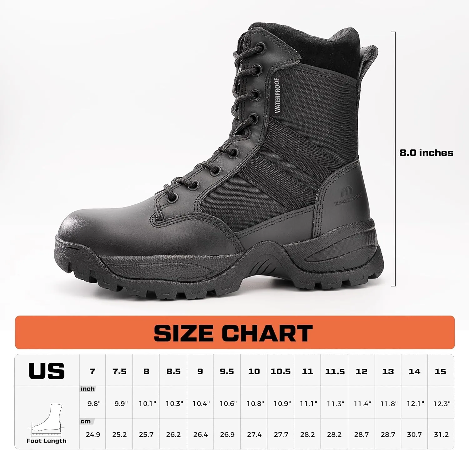 Men's Tactical Work Boots with Side Zipper  Lightweight Leather Military Style, Comfortable, Durable and Breathable for Outdoors