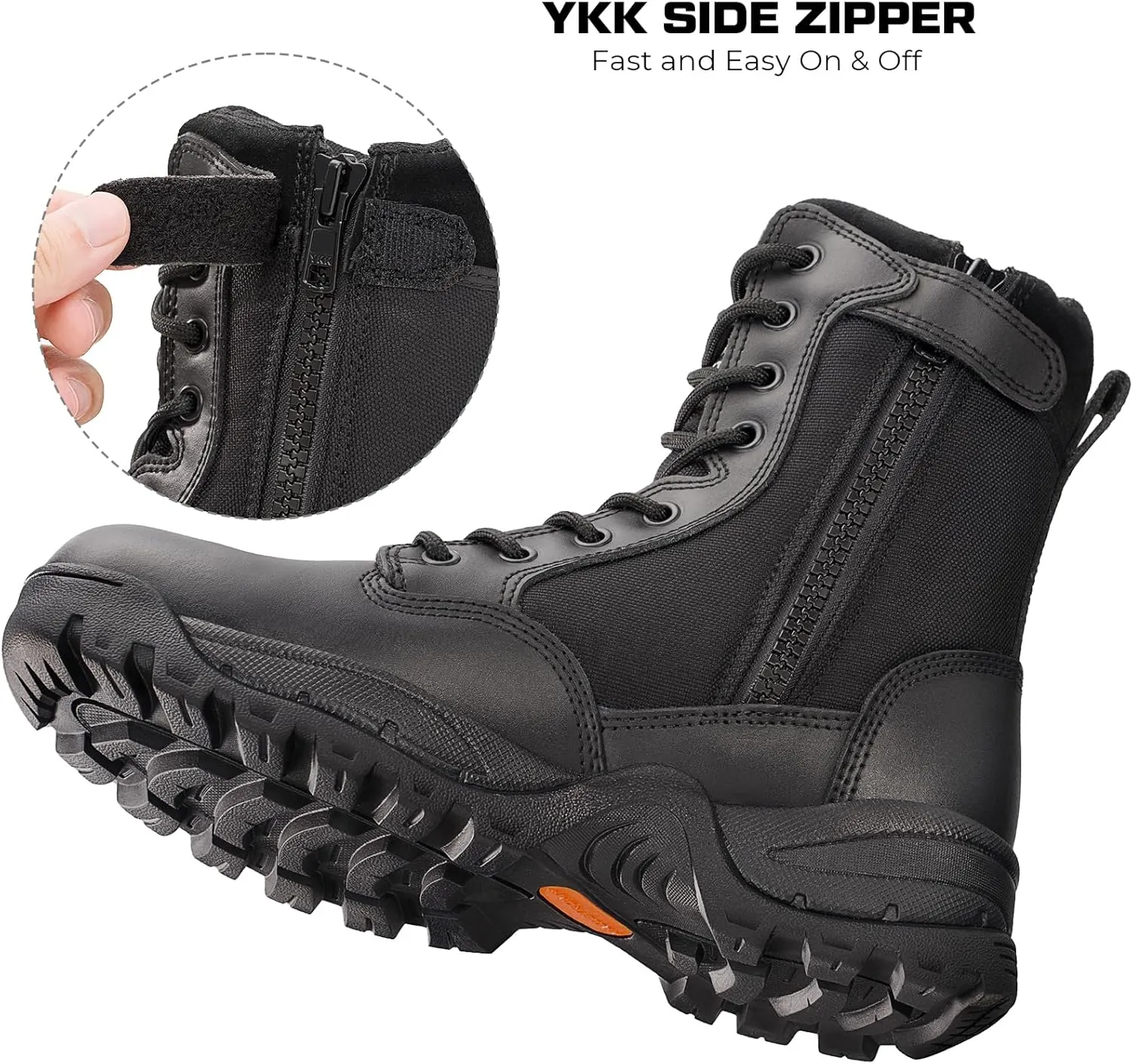 Men's Tactical Work Boots with Side Zipper  Lightweight Leather Military Style, Comfortable, Durable and Breathable for Outdoors