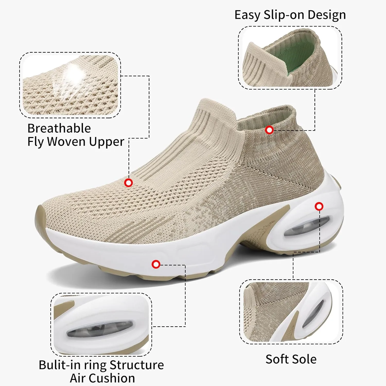 Mesh Sneakers for Women - Non Slip, Slip On, Sock Sneakers - Light Weight, Air Cushion Running, Work Shoes