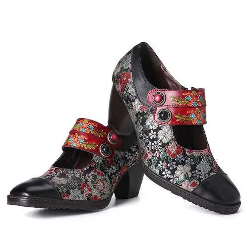 Retro Flower Leather Pumps