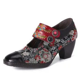 Retro Flower Leather Pumps