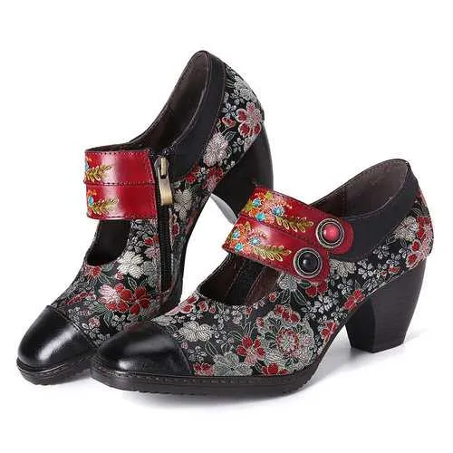 Retro Flower Leather Pumps