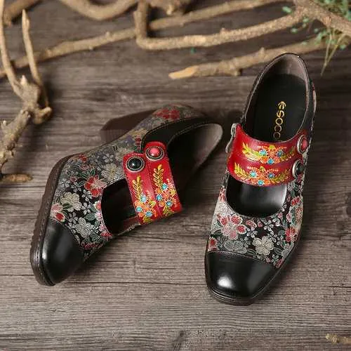 Retro Flower Leather Pumps