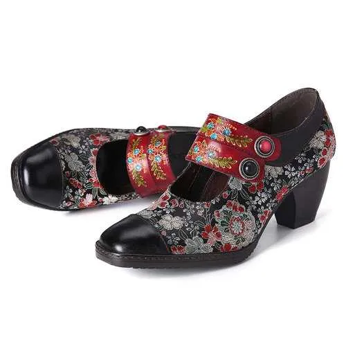 Retro Flower Leather Pumps
