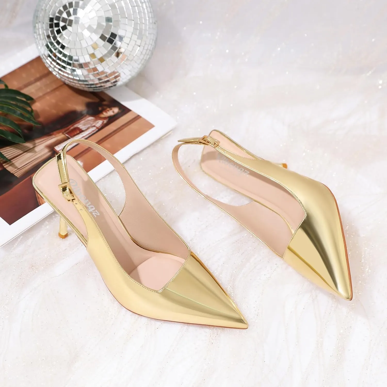 RIBONGZ Sexy Slingback Pumps Elegant Dressy Heels for Women Closed Toe Pointy High Heels Wedding Bride Prom Party Evening Shoes