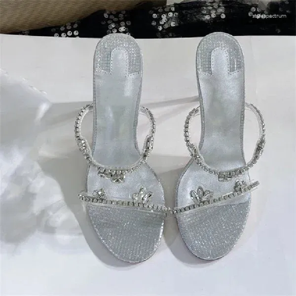 Slippers  Women Mules Fashion Lady Girl Desginer Slides Spring Summer High Heels Brand Silver Crystal Sandals
