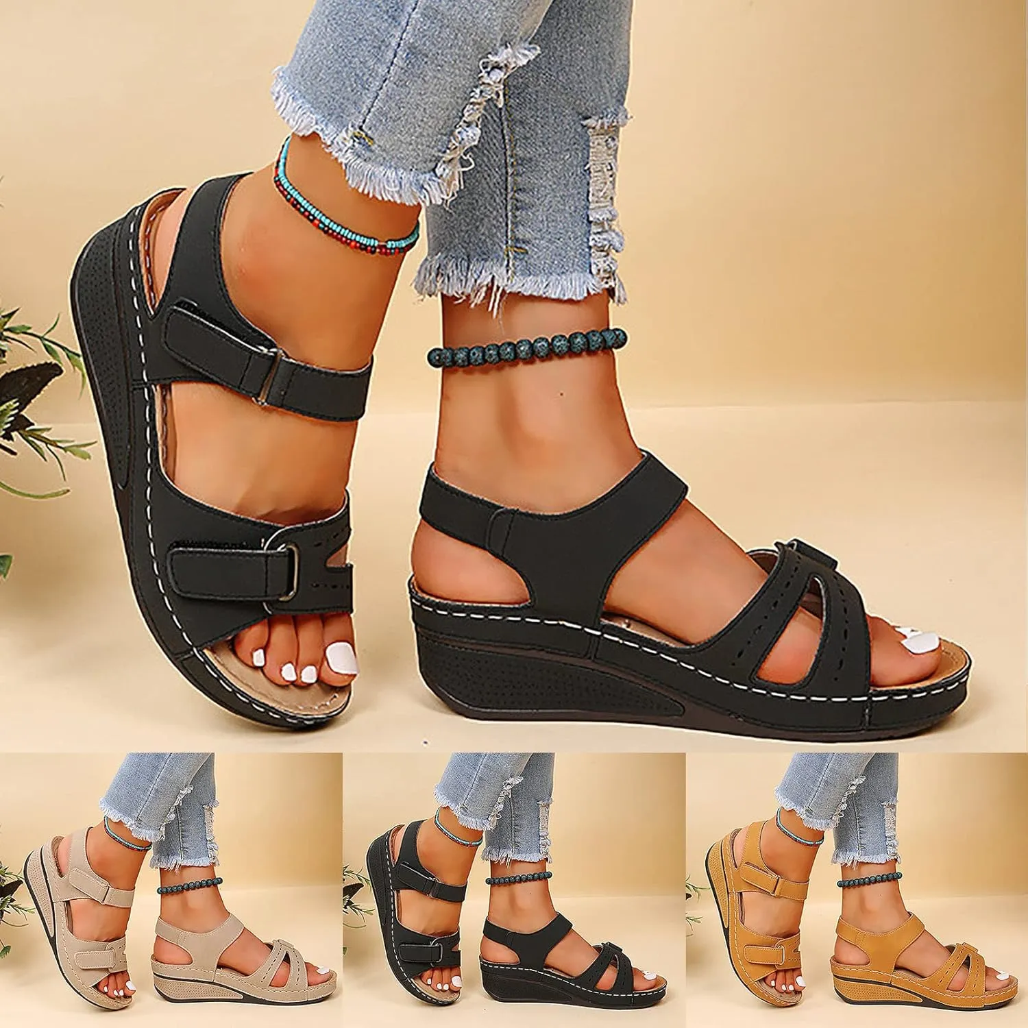 Soft & Stylish Wedge Sandals for Effortless Comfort 2025 Leather Orthopedic Arch Support Walking Platform Sandals Women Casual Dressy Wide Wedge Dress Sport Ankle Back Strap Summer Sandal Shoes