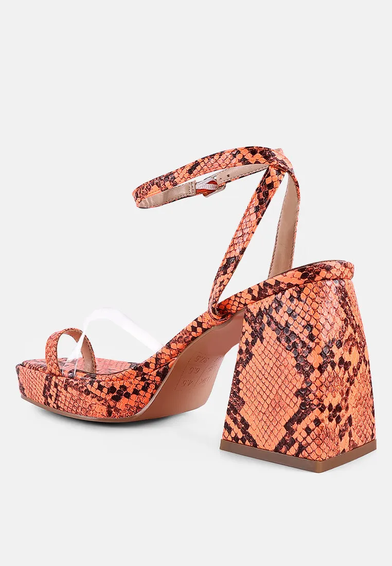 such flirt snake print triangular block heel sandals