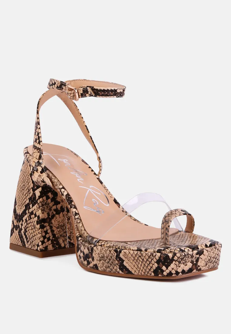 such flirt snake print triangular block heel sandals