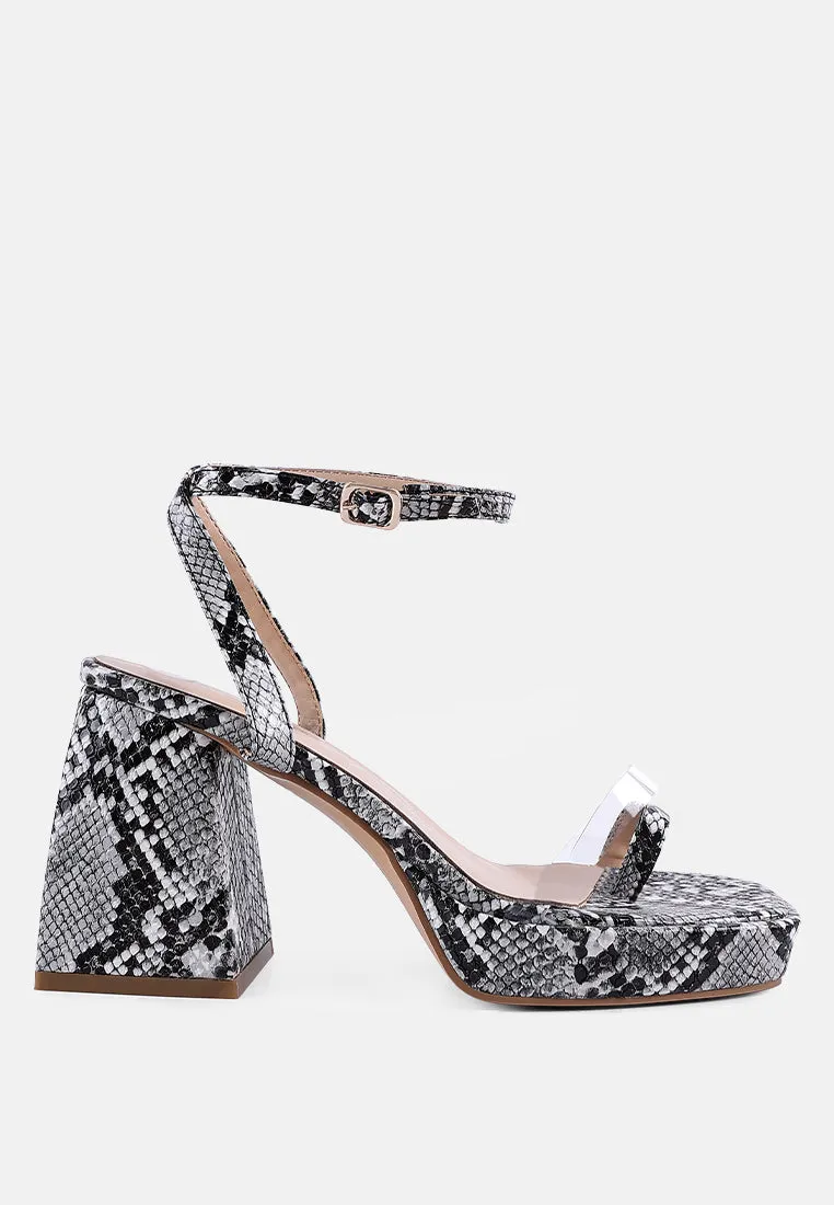 such flirt snake print triangular block heel sandals