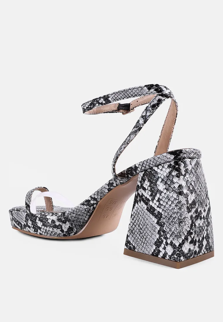 such flirt snake print triangular block heel sandals