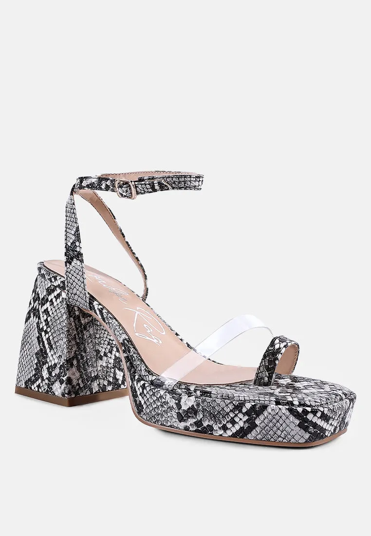 such flirt snake print triangular block heel sandals