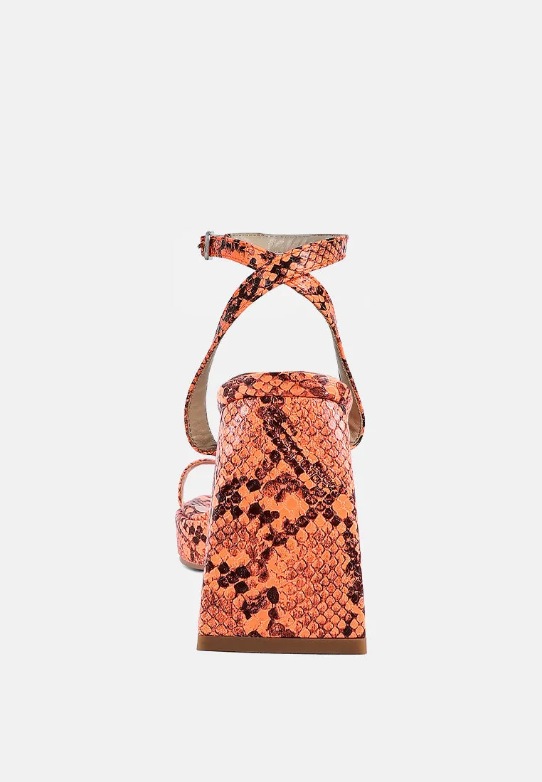 such flirt snake print triangular block heel sandals