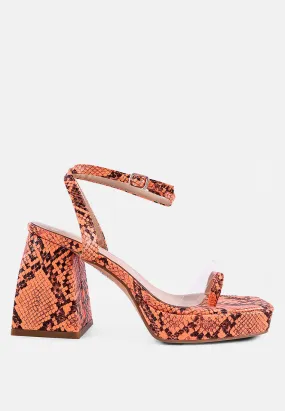 such flirt snake print triangular block heel sandals