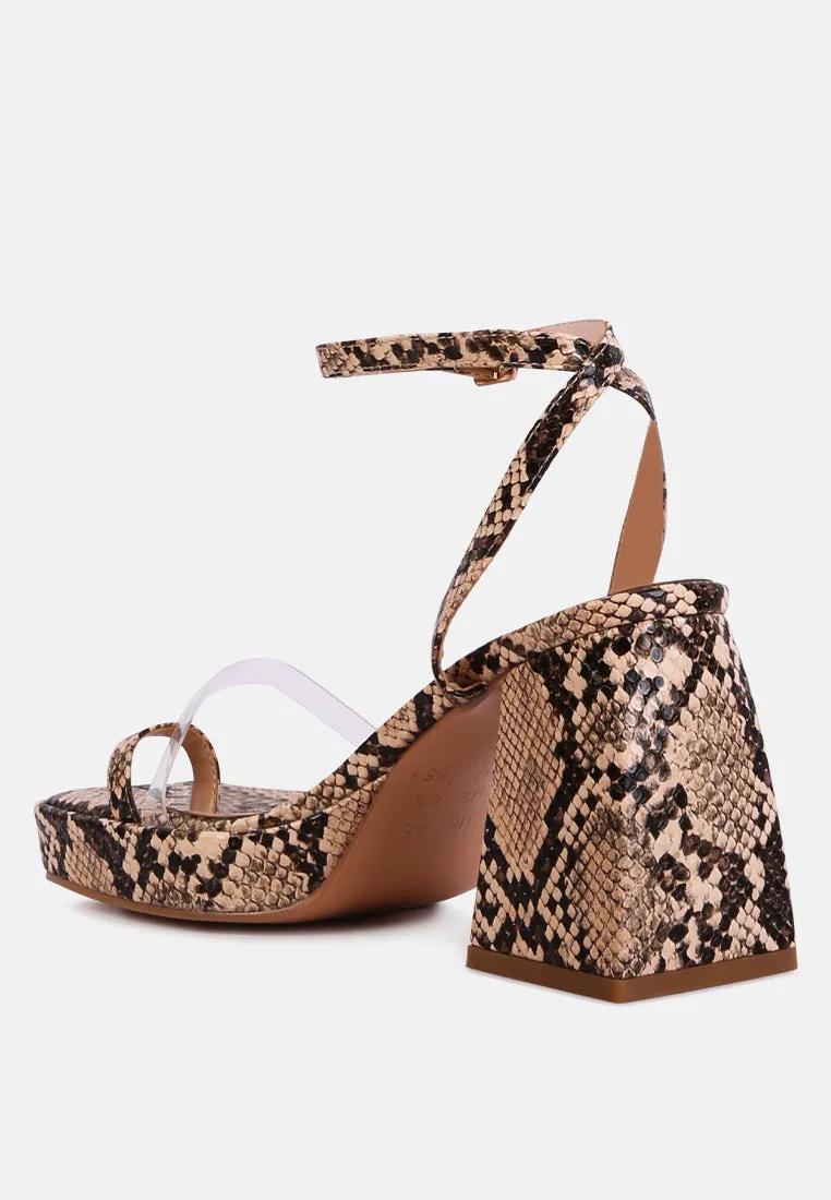such flirt snake print triangular block heel sandals