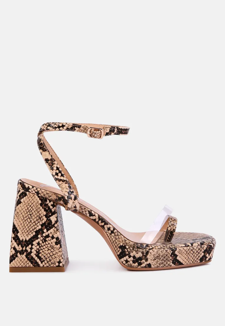 such flirt snake print triangular block heel sandals